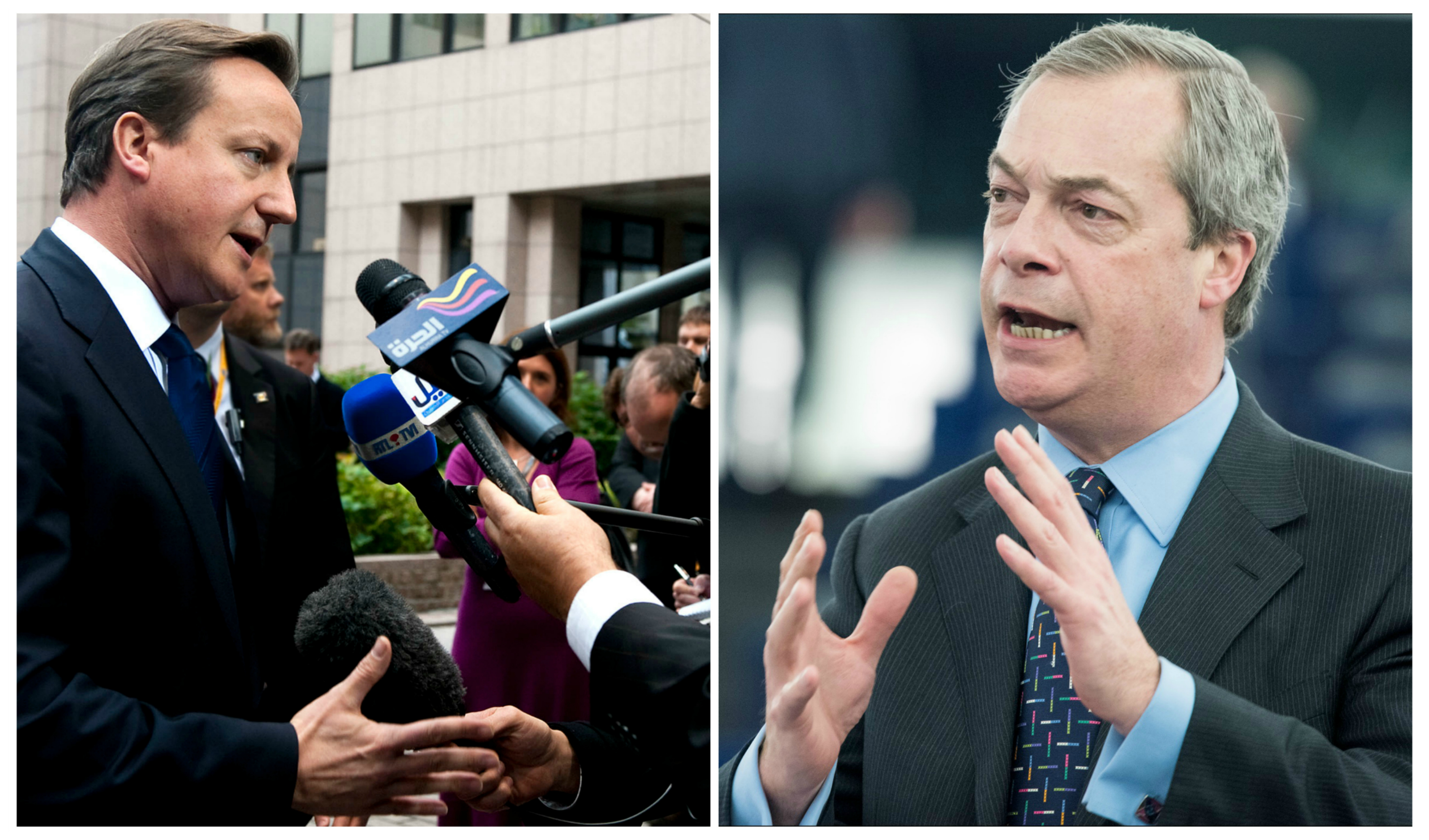Britannian pääministeri David Cameron ja UKIP-puolueen puheenjohtaja Nigel Farage.